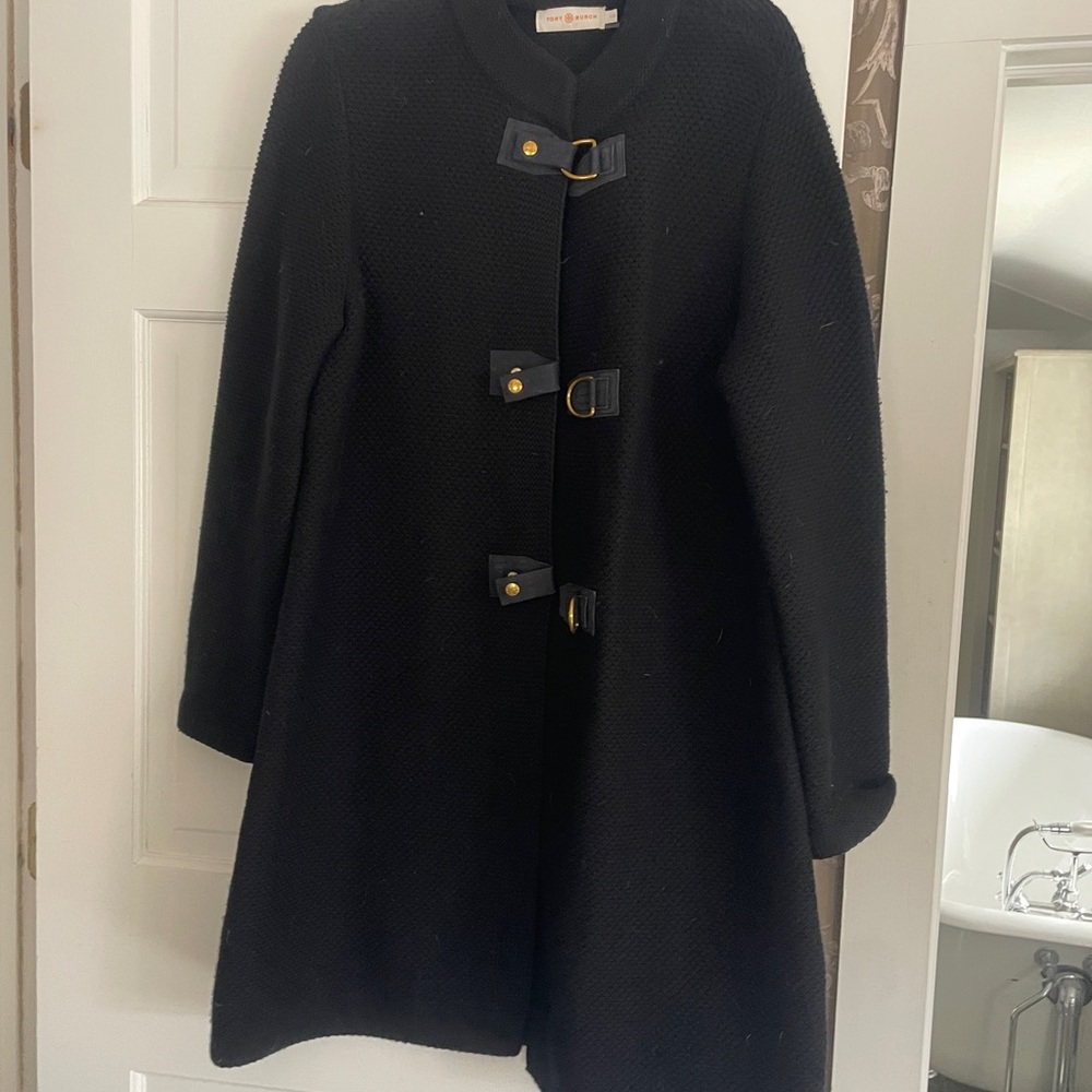 Tory Burch Sweater Leather Buckles  Black Women's Coat L
